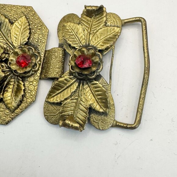 Art Nouveau Vintage Antique Bohemian Czech Garnet Red Glass Brass Sash Buckle - Picture 2 of 8